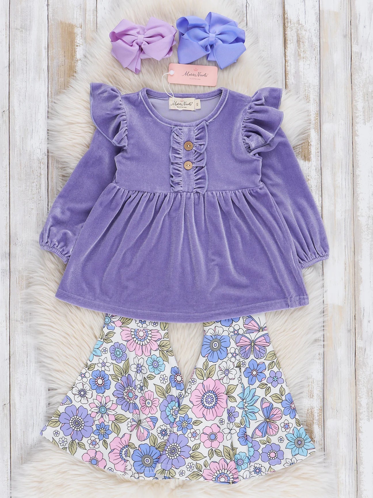 Purple Velvet Floral Ruffle Bell Bottoms