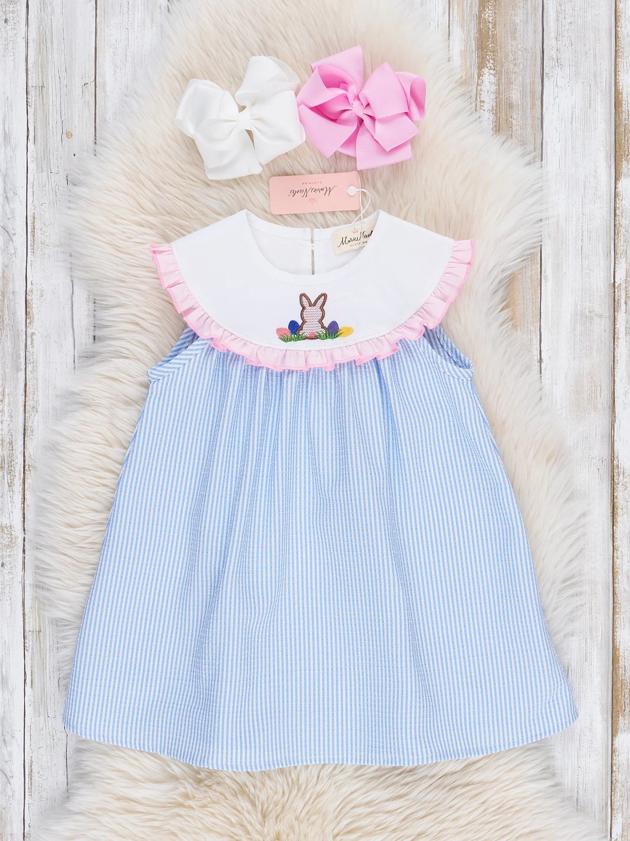 Blue Striped Poplin Bunny Vintage Ruffle Dress