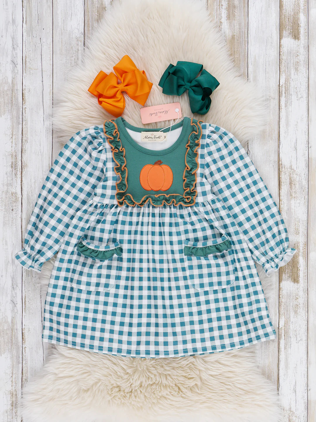 Pumpkin Patch Pines Embroidered Plaid Dress