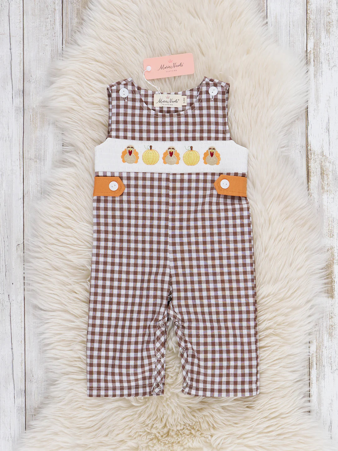 Turkey Flock Smocked Gingham Overall Romper