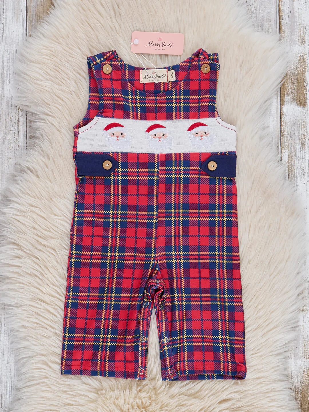 Holiday Plaid Smocked Santa Overall Romper