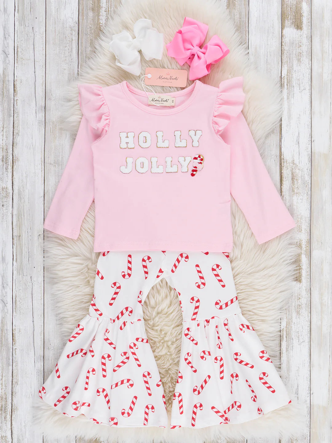 Holly Jolly Candy Cane Ruffle Bell Bottom Outfit