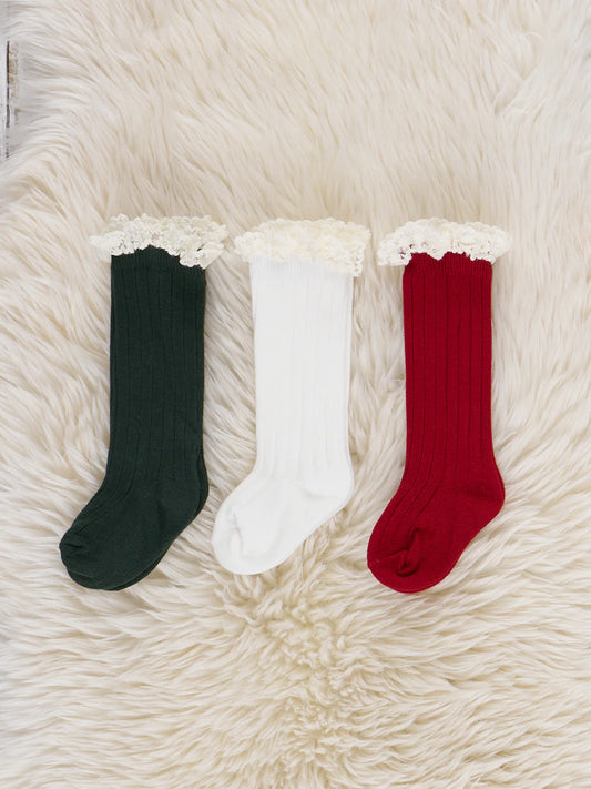 Lace Trim Knee Socks - Red, Green and White