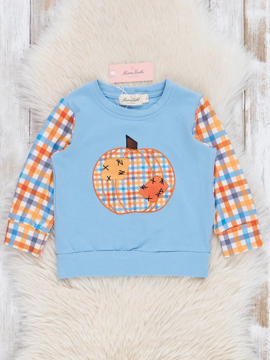 Soft Blue & Orange Gingham Patch Top