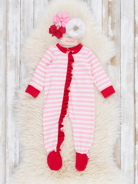 Pink Striped Embroidered Santa Cookies Footed Sleeper PJs