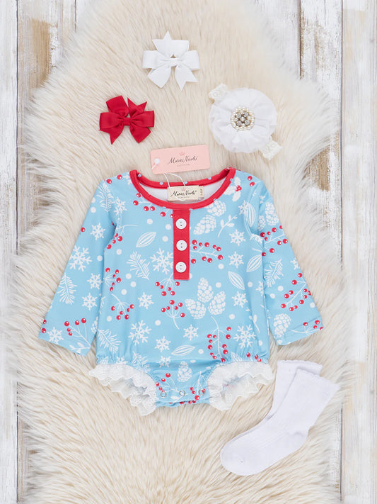 Blue Holly Berries Ruffle Romper
