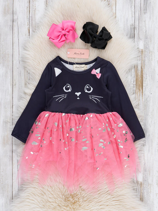 Black Cat & Pink Glitter Tulle Dress