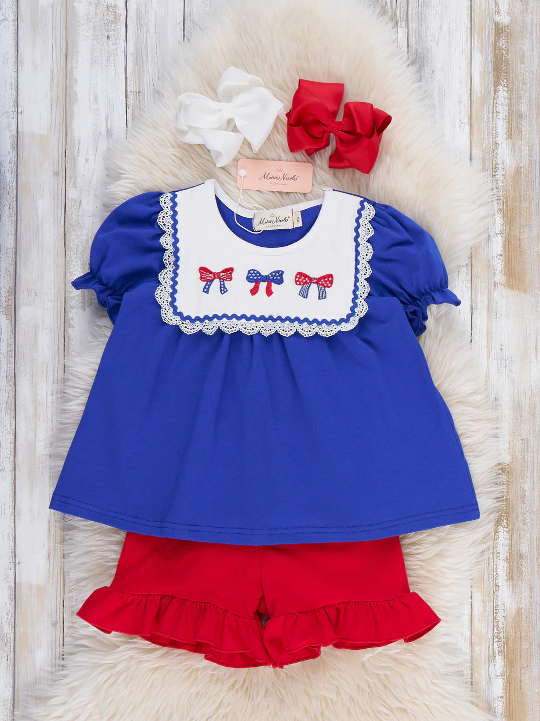 Patriotic Bow Bliss Embroidered Cotton Ruffle Outfit