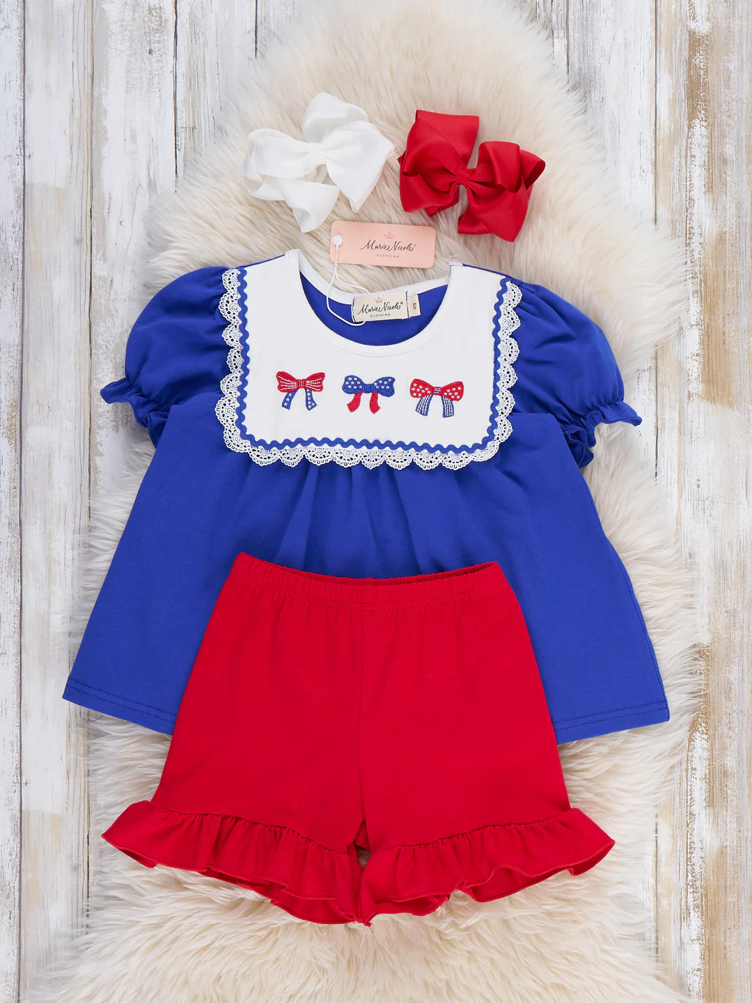 Patriotic Bow Bliss Embroidered Cotton Ruffle Outfit