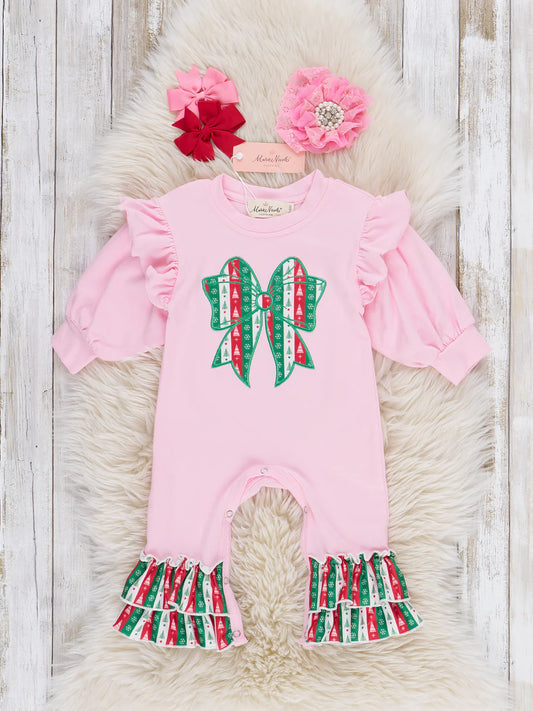 Christmas Bow Embroidered Ruffle Romper