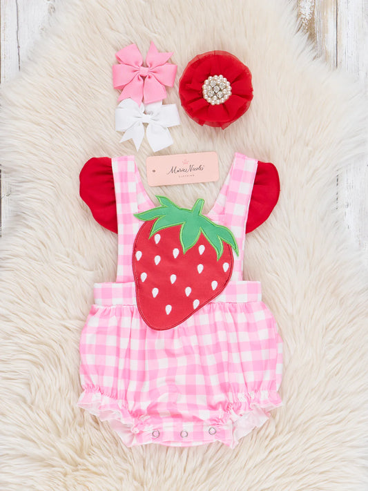 Strawberry Sweetness Embroidered Gingham Ruffle Bubble Romper