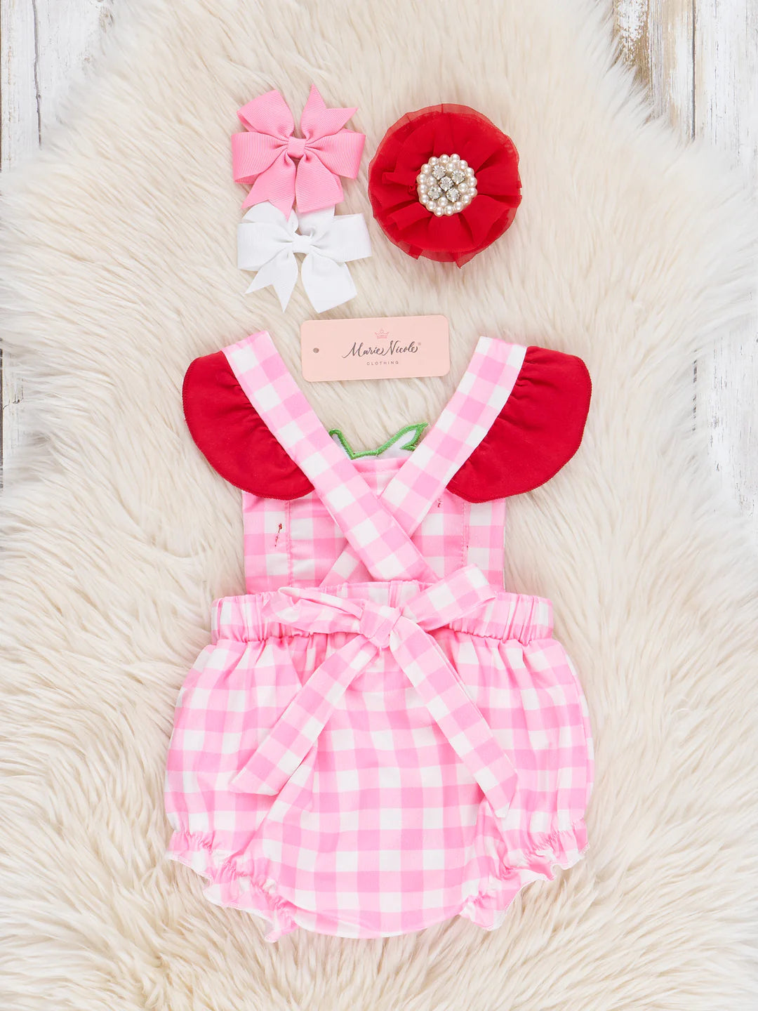 Strawberry Sweetness Embroidered Gingham Ruffle Bubble Romper