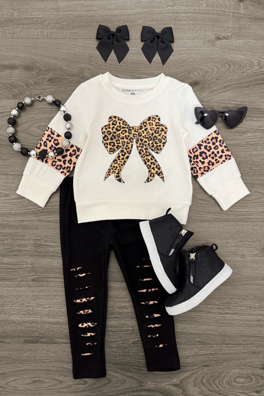 Cheetah Print Bow Distressed Legging Set