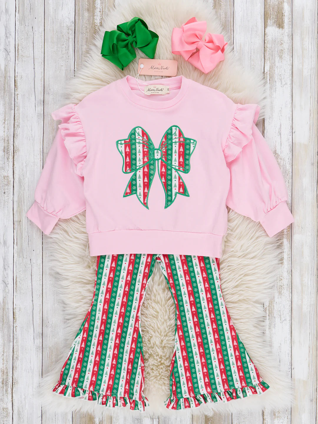 Christmas Bow Ruffle Bell Bottom Outfit