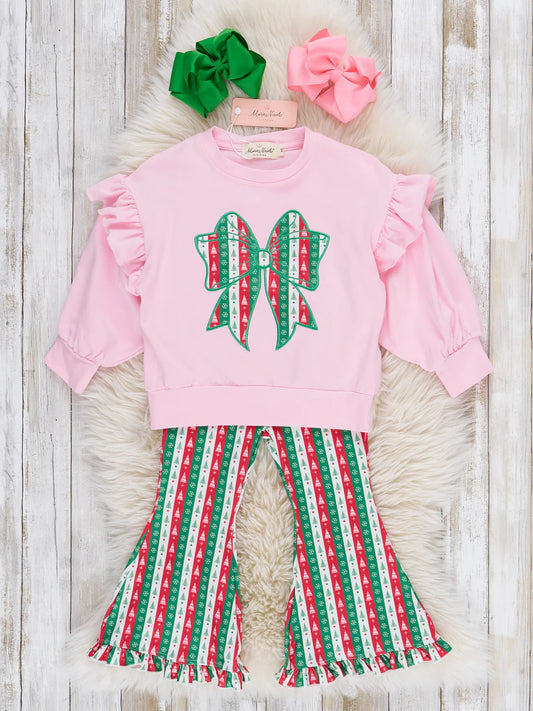 Christmas Bow Ruffle Bell Bottom Outfit
