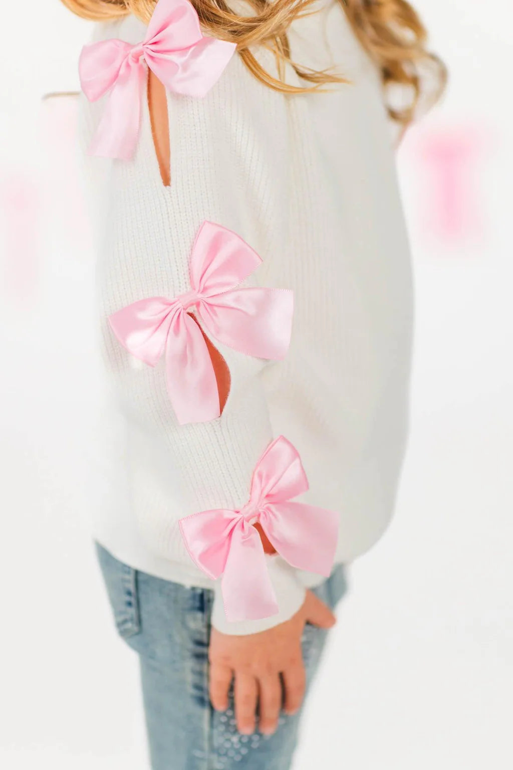 Cream Bow Sweater Sequin Denim Flare Set