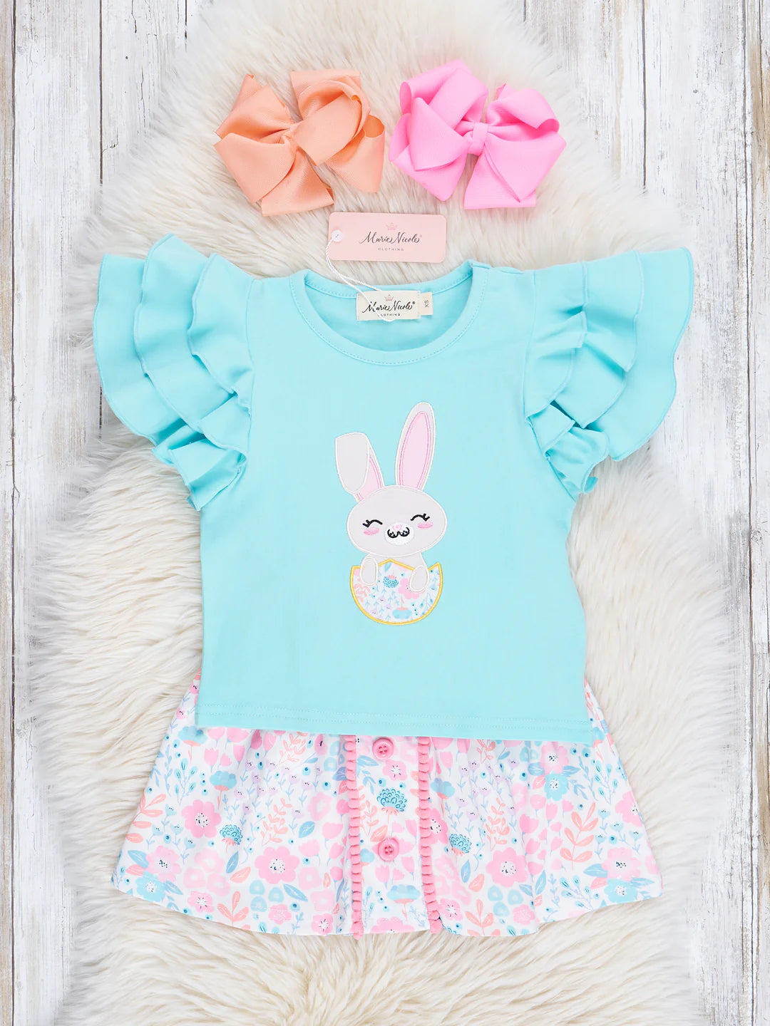 Ditsy Florals Bunny Embroidered Outfit with Skirt