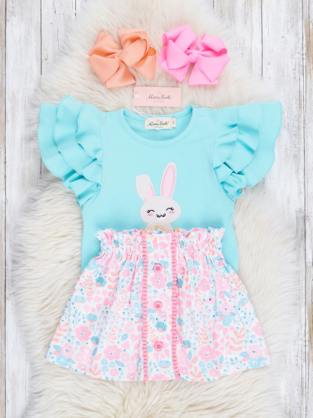 Ditsy Florals Bunny Embroidered Outfit with Skirt