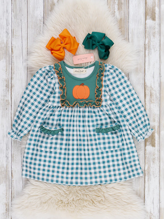 Pumpkin Patch Pines Embroidered Plaid Dress