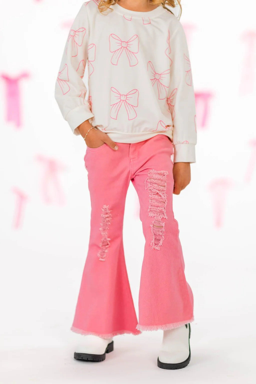 Pink Bows Denim Flare Pant Set