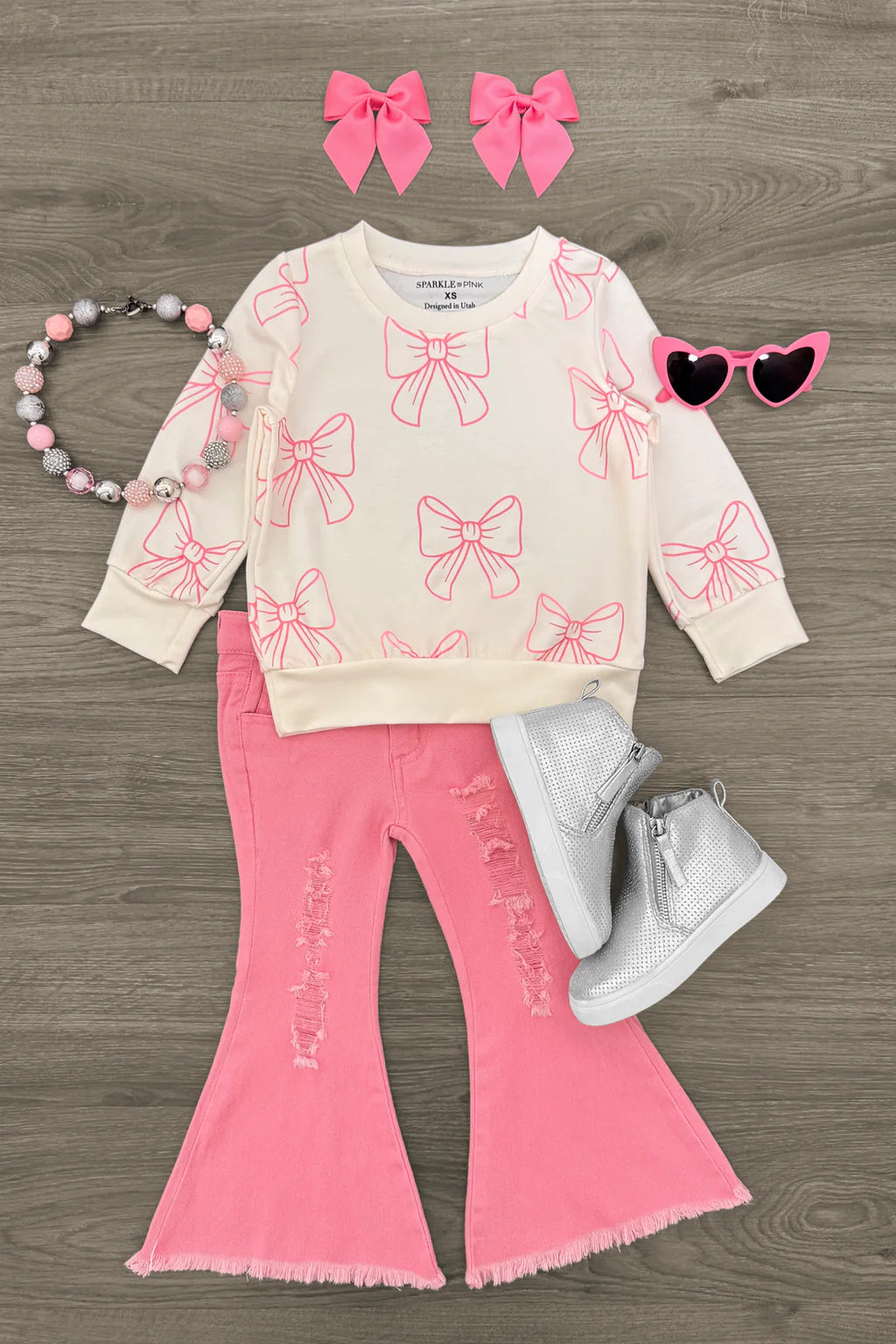 Pink Bows Denim Flare Pant Set