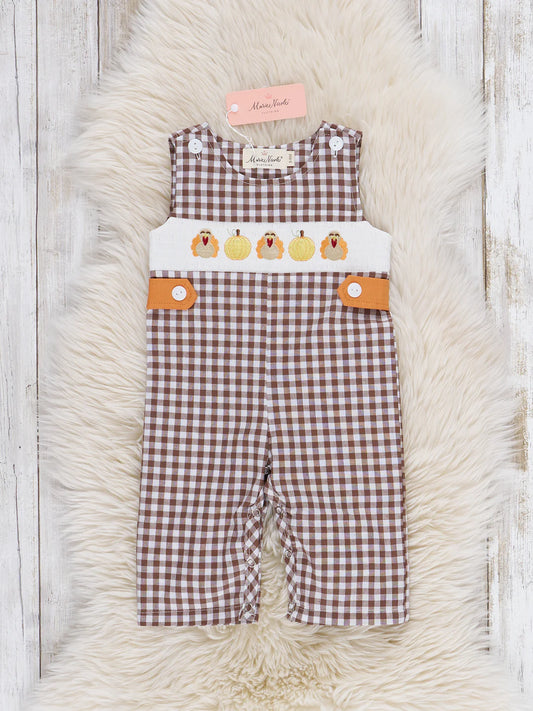 Turkey Flock Smocked Gingham Overall Romper