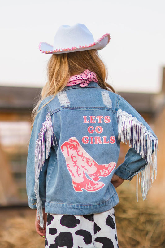 "Let's Go Girls" Silver Fringe Denim Jacket