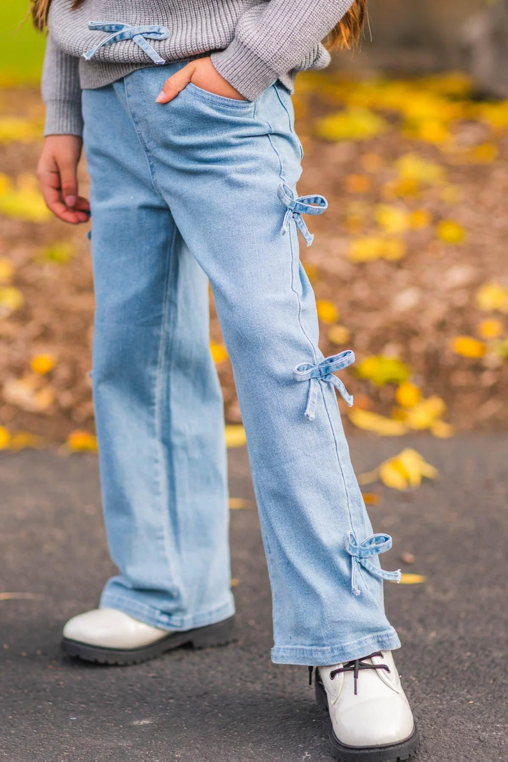 Gray Bow Knit Sweater & Denim Pant