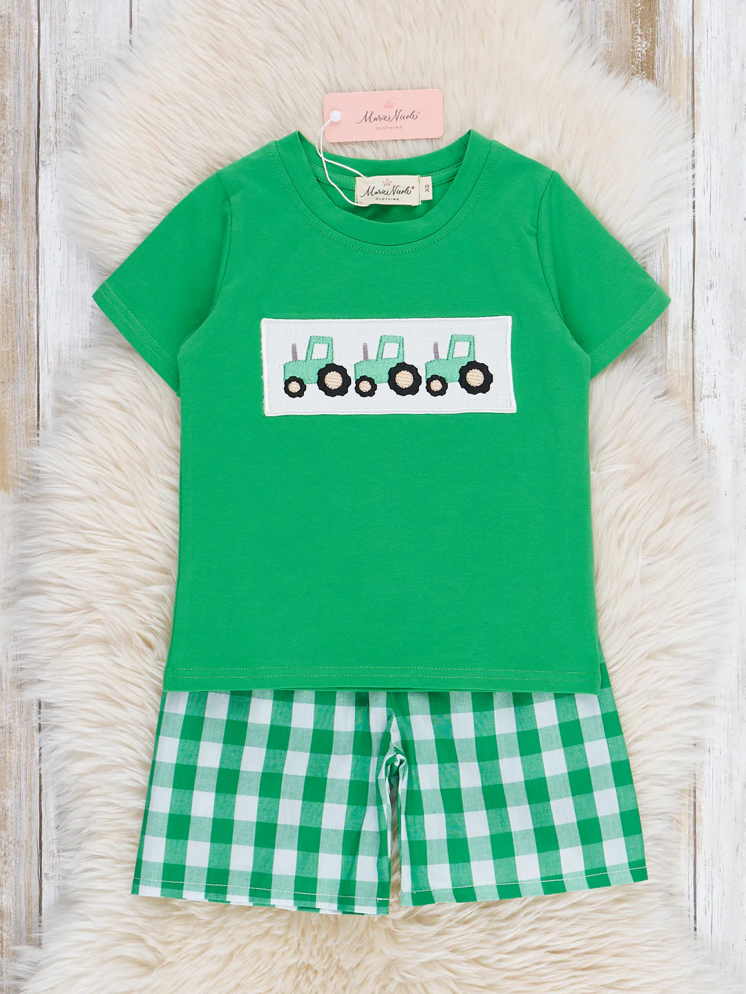 Green Gingham Smocked Tractor Outfit