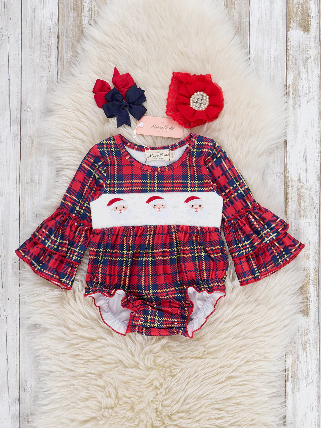 Holiday Plaid Smocked Santa Bubble Romper