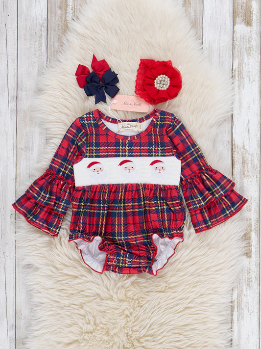 Holiday Plaid Smocked Santa Bubble Romper
