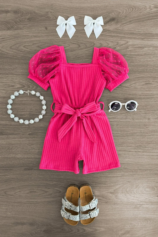 Polka Dot Tulle Puff Sleeve Romper HOT PINK