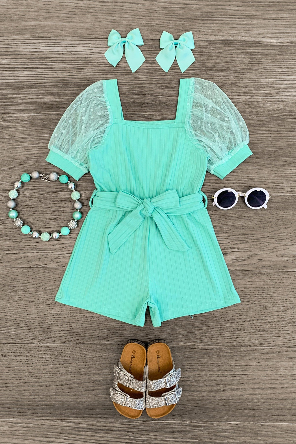 Polka Dot Tulle Puff Sleeve Romper MINT