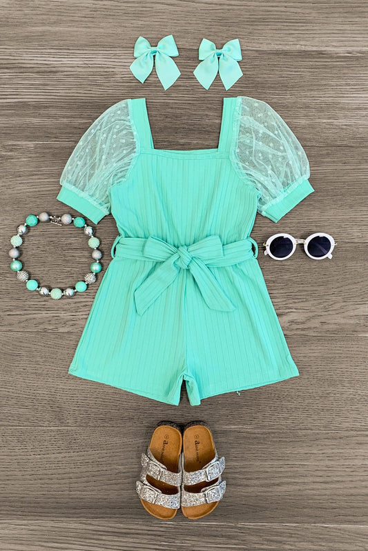 Polka Dot Tulle Puff Sleeve Romper MINT