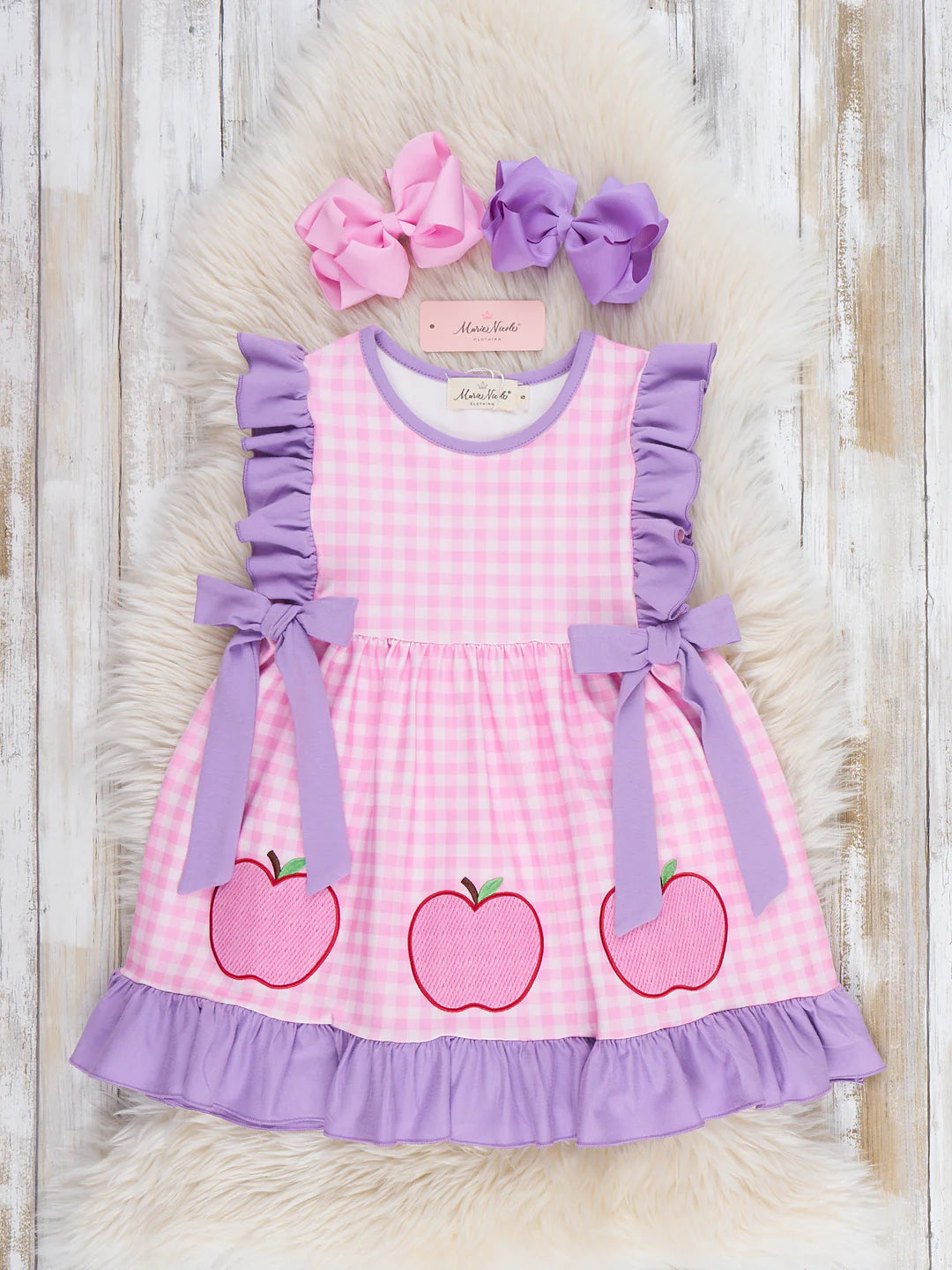 Apple Patch Gingham Embroidered Ruffle Dress