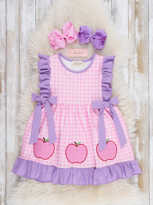 Apple Patch Gingham Embroidered Ruffle Dress