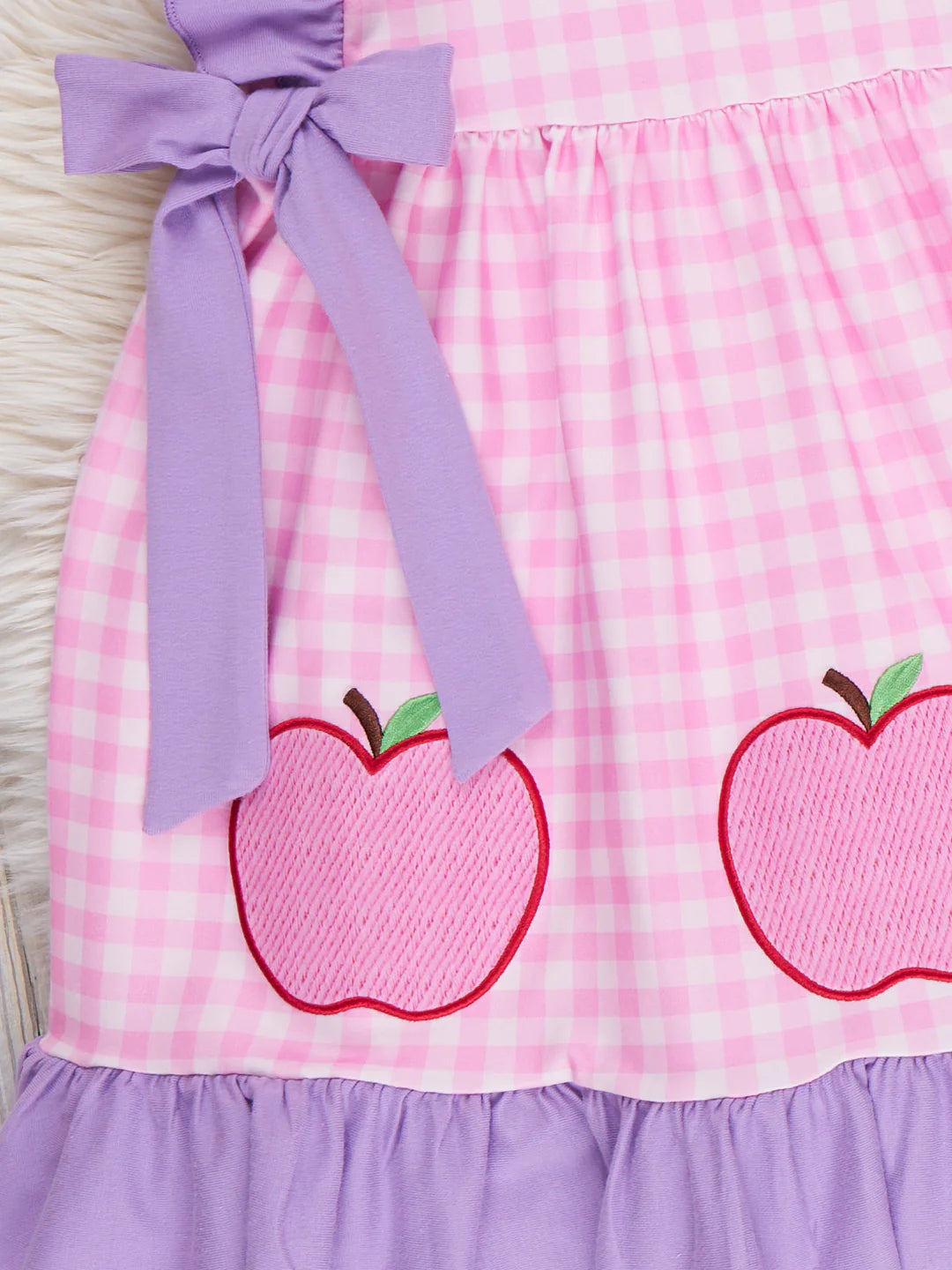 Apple Patch Gingham Embroidered Ruffle Dress