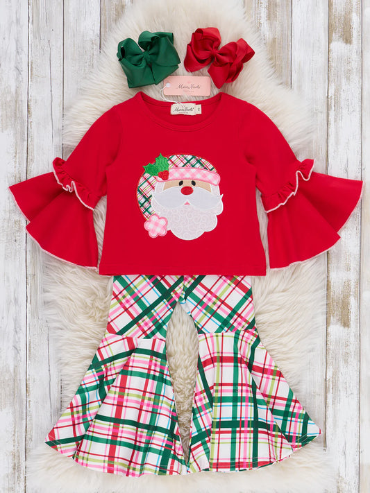 Pink & Red Santa Plaid Ruffle Bell Bottoms Outfit