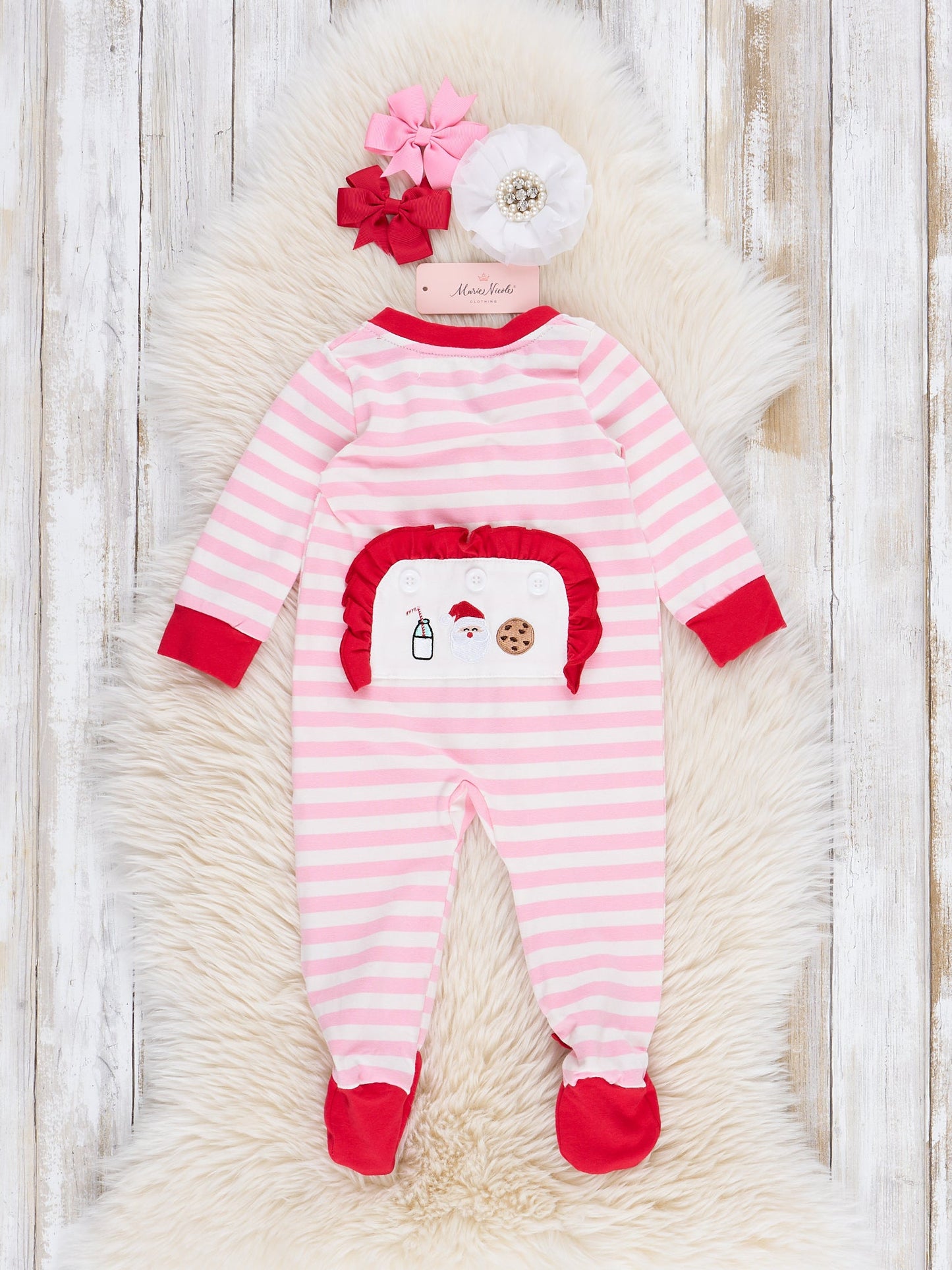 Pink Striped Embroidered Santa Cookies Footed Sleeper PJs