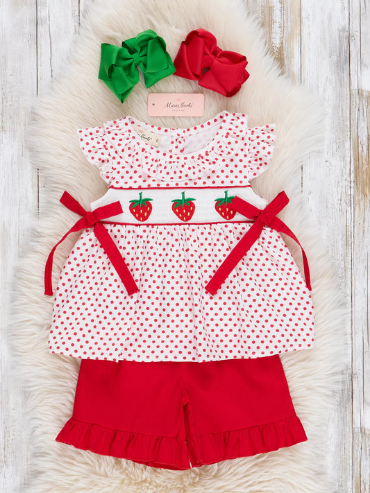Polka Dot Strawberry Smocked Outfit
