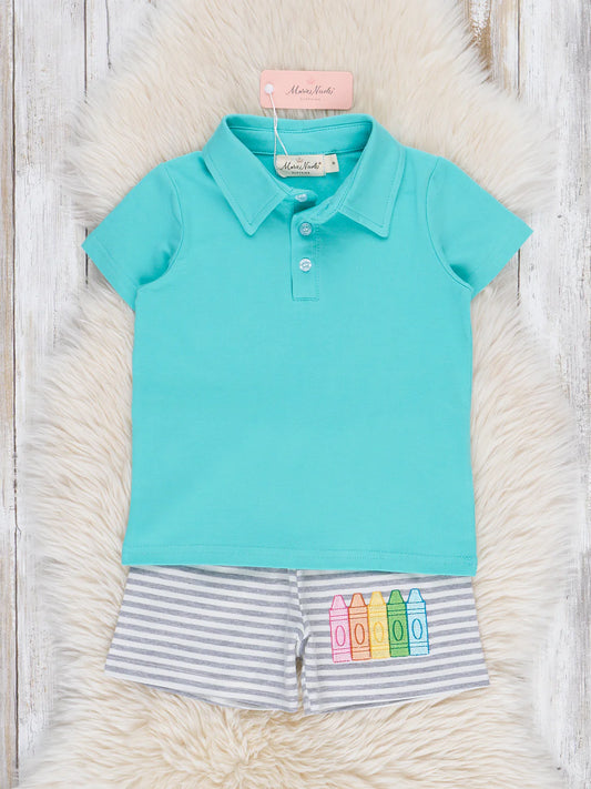 Striped Embroidered Crayons Polo Outfit