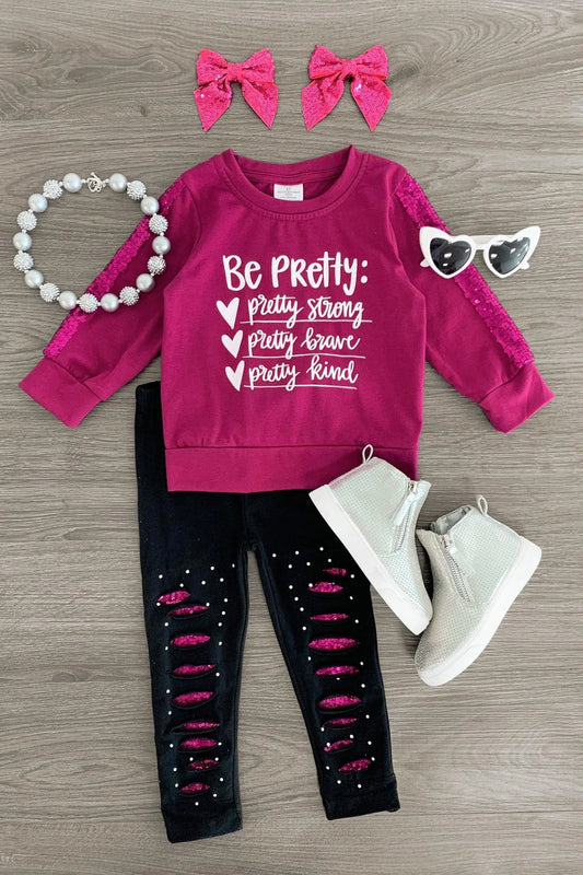 "Be Pretty..." Plum Sequin Distressed Legging Outfit