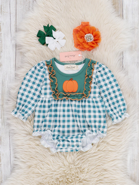 Pumpkin Patch Pines Embroidered Plaid Bubble Romper