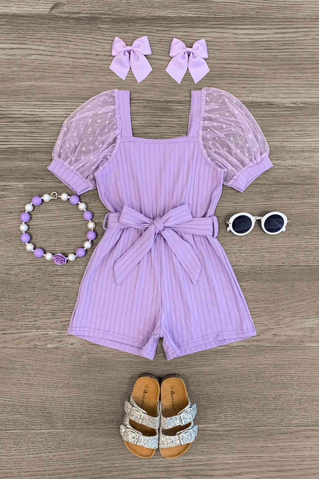 Polka Dot Tulle Puff Sleeve Romper LAVENDER