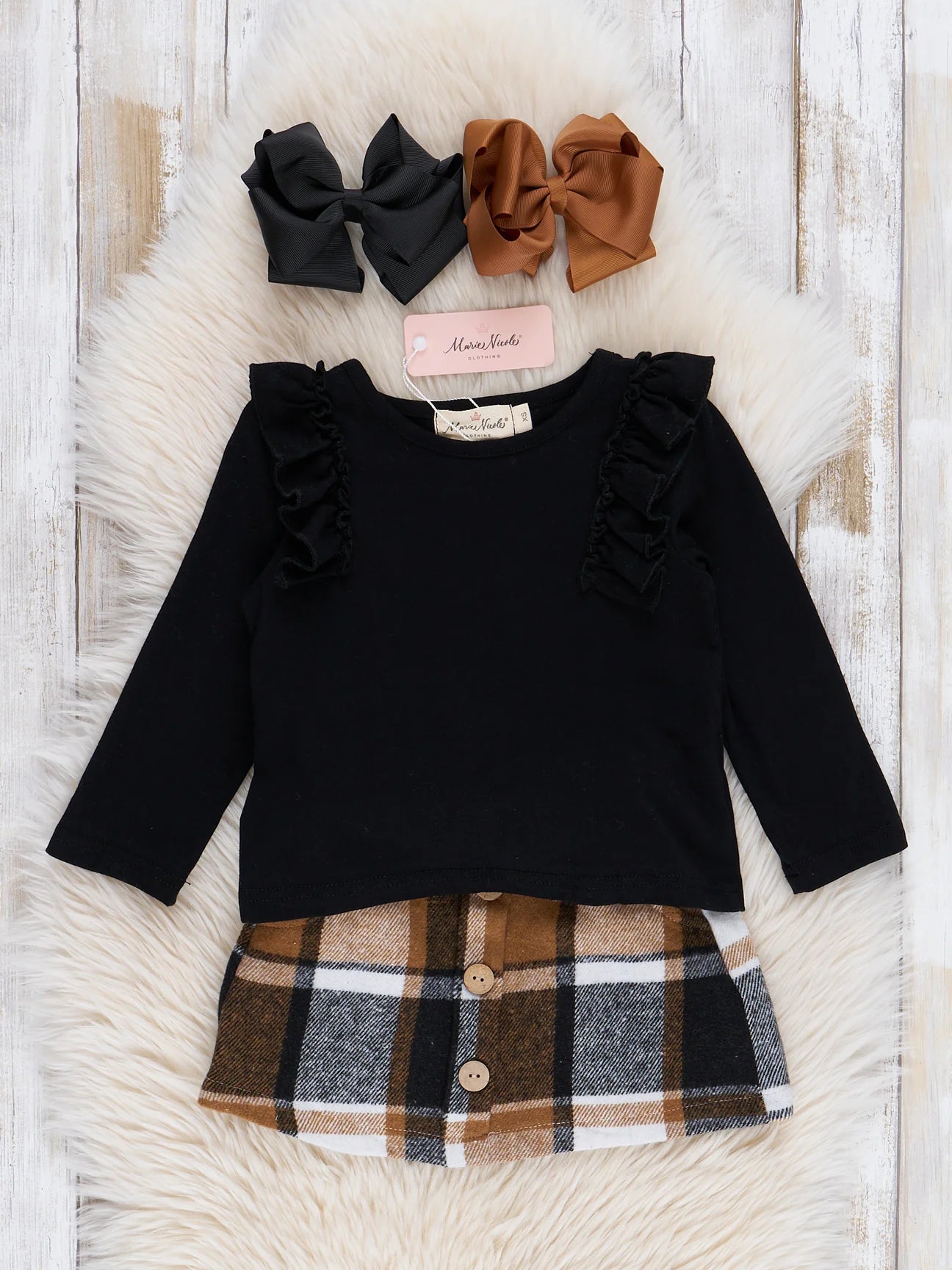 Ribbed Black & Tan Plaid Skirt Set