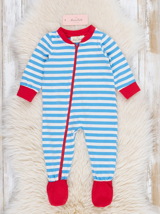 Blue Striped Embroidered Santa Cookies Footed Sleeper Pajamas