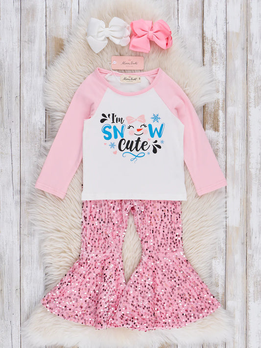 Pink "Snow Cute" Sequin Bell Bottoms Outfit