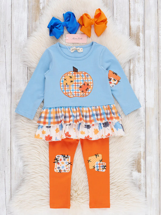 Soft Blue & Orange Gingham Patch Ruffle Outfit