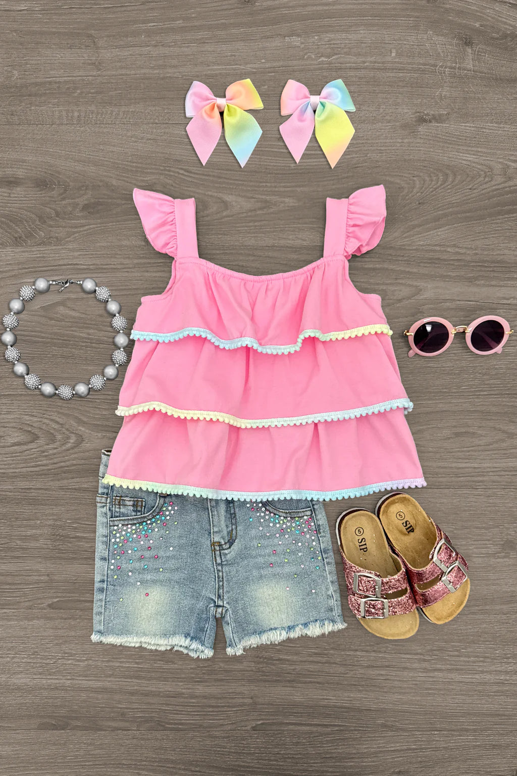 Pink PomPom Gemstone Denim Short Set