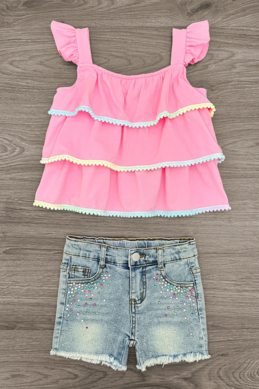 Pink PomPom Gemstone Denim Short Set